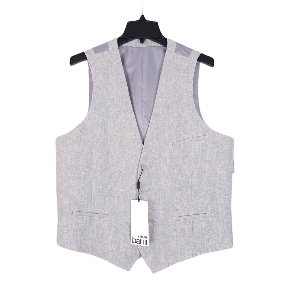 Bar III Mens Slim Fit Linen Suit Vest Sz Large Grey Solid NWT